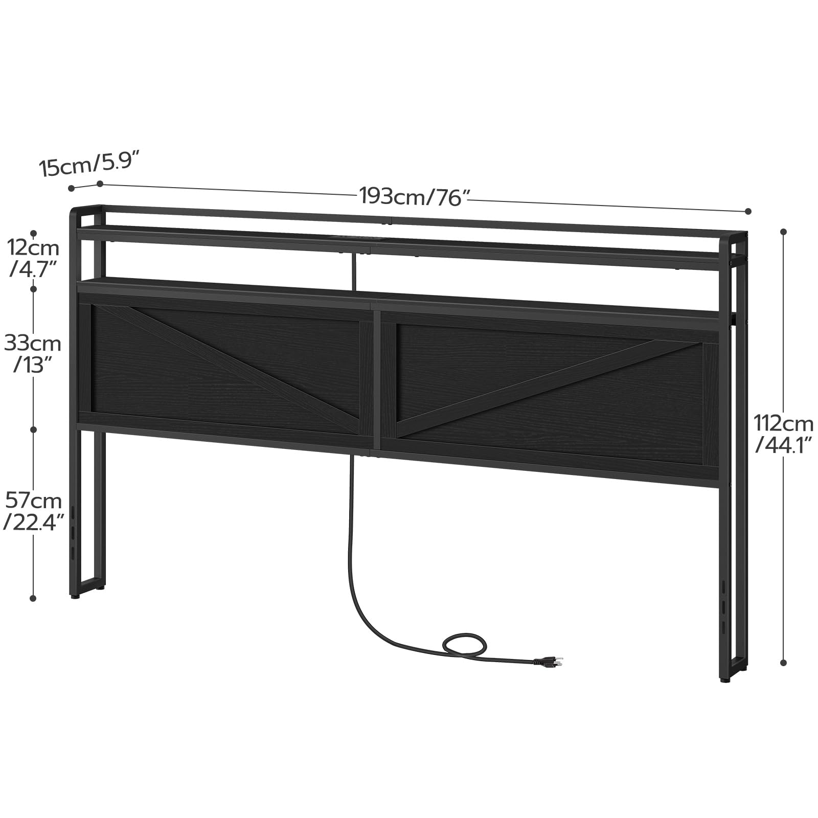 HOOBRO King Size Headboard, Headboard with Charging Station and LED Light Strip, 2-Tier Storage Headboard with Outlets and USB Ports, Industrial Style, for King Size Beds, Black