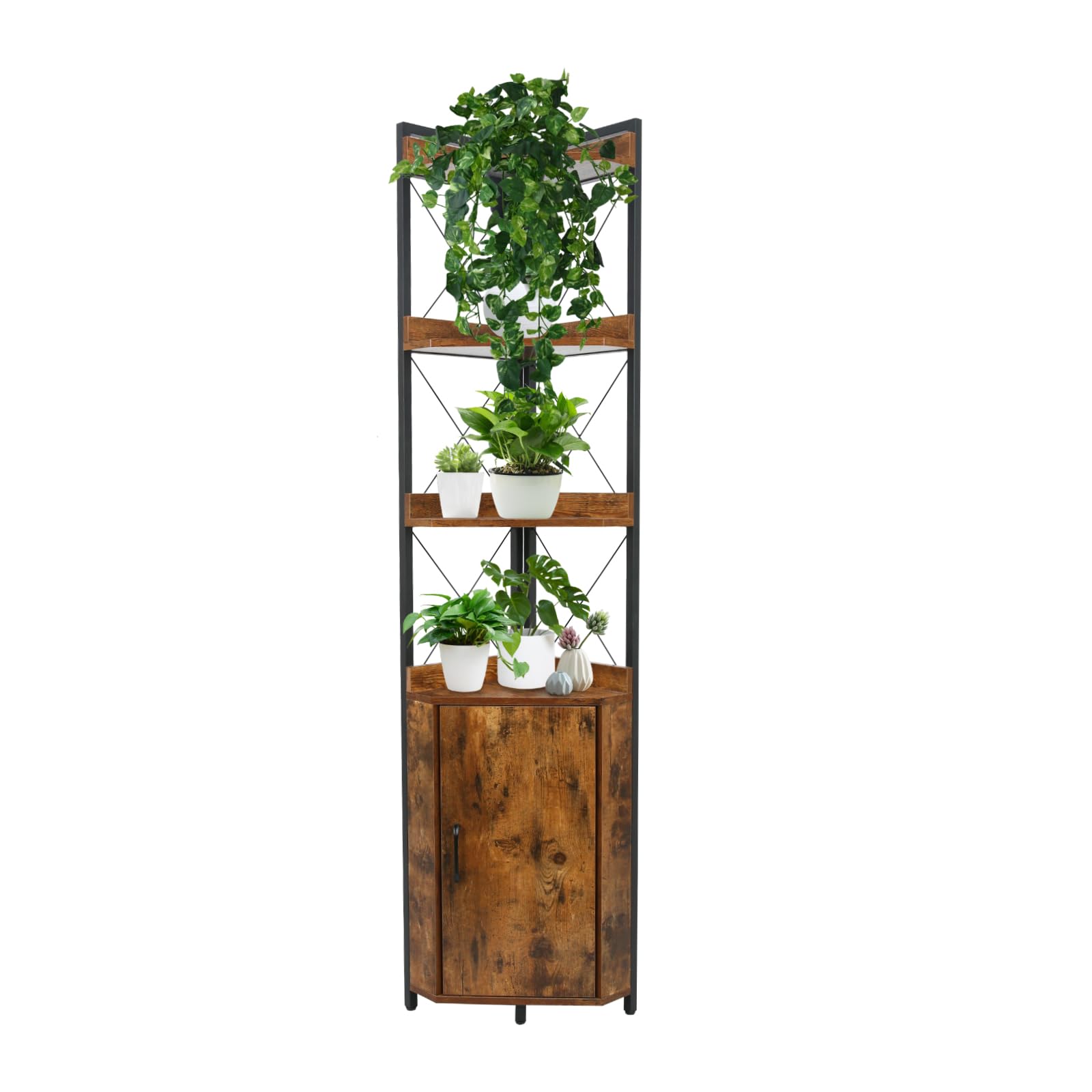 Tall Corner Shelf,Rustic Corner Cabinet,Industrial Bookcase,Freestanding Display Shelf,Storage Cabinet with Doors,Corner Plant Stand for Living Room, Home Office