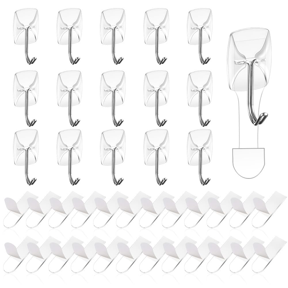 Ainiv Small Wire Toggle Hooks, 16 Clear Wall Hooks with 24 Adhesive Strips, Damage-Free Utility Hooks, No Tools Hanging Hooks Heavy Duty for Home Kitchen Office School Dorm Organizers