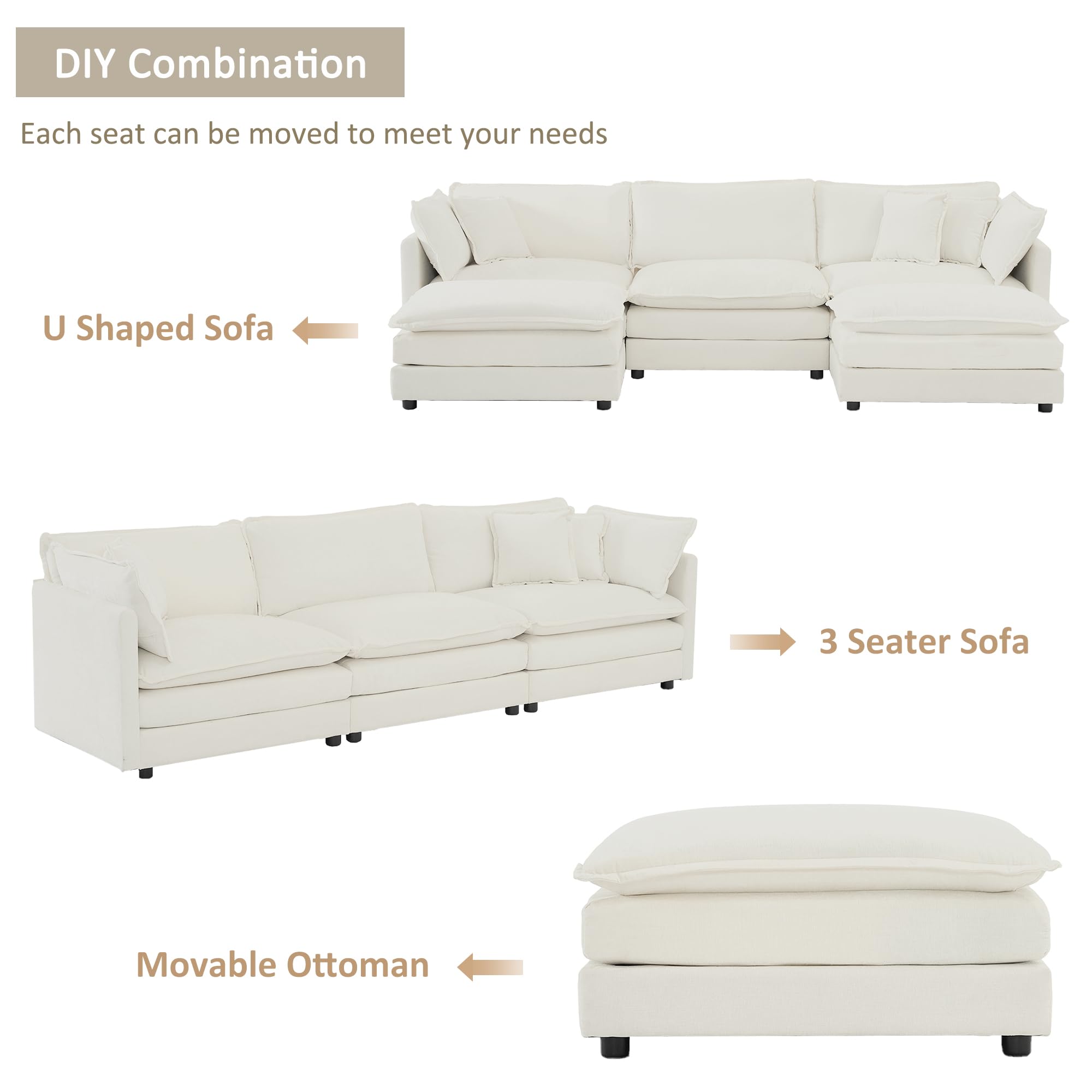 Tmsan 111.42" Modular Sectional Sofa, Convertible Modern U Shaped Sofa Chenille Cloud Couches Set with Ottoman for Living Room Bedroom Apartment Office, 3 Seater