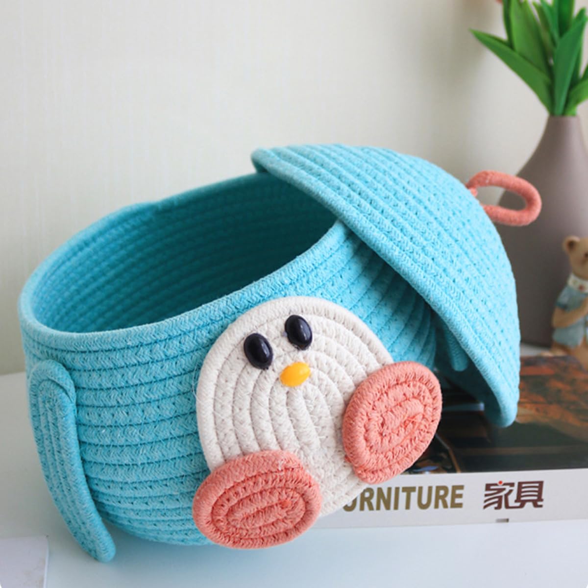 JARPSIRY Small Round Cotton Rope Woven Storage Basket with Lid, Cute Cartoon Animal Shaped Decorative Storage Bin Box, Caddy Organizer, Container for Snacks and Toys (Penguin)