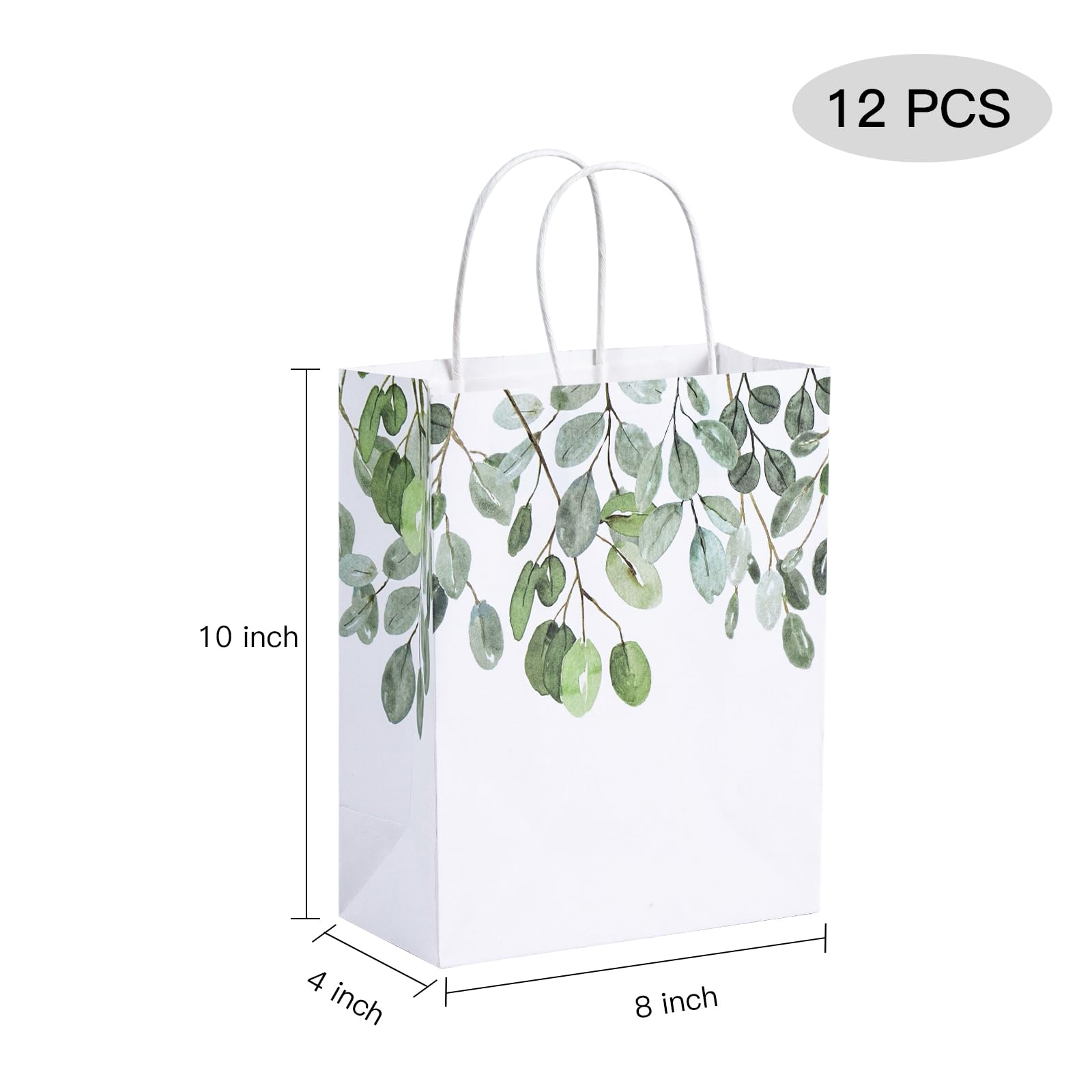 WRAPAHOLIC Medium Eucalyptus Kraft Paper Gift Bags - Green Eucalyptus Leaves Design for Birthday, Baby Shower, Holiday, Party Gift Wrap (Pack of 12)