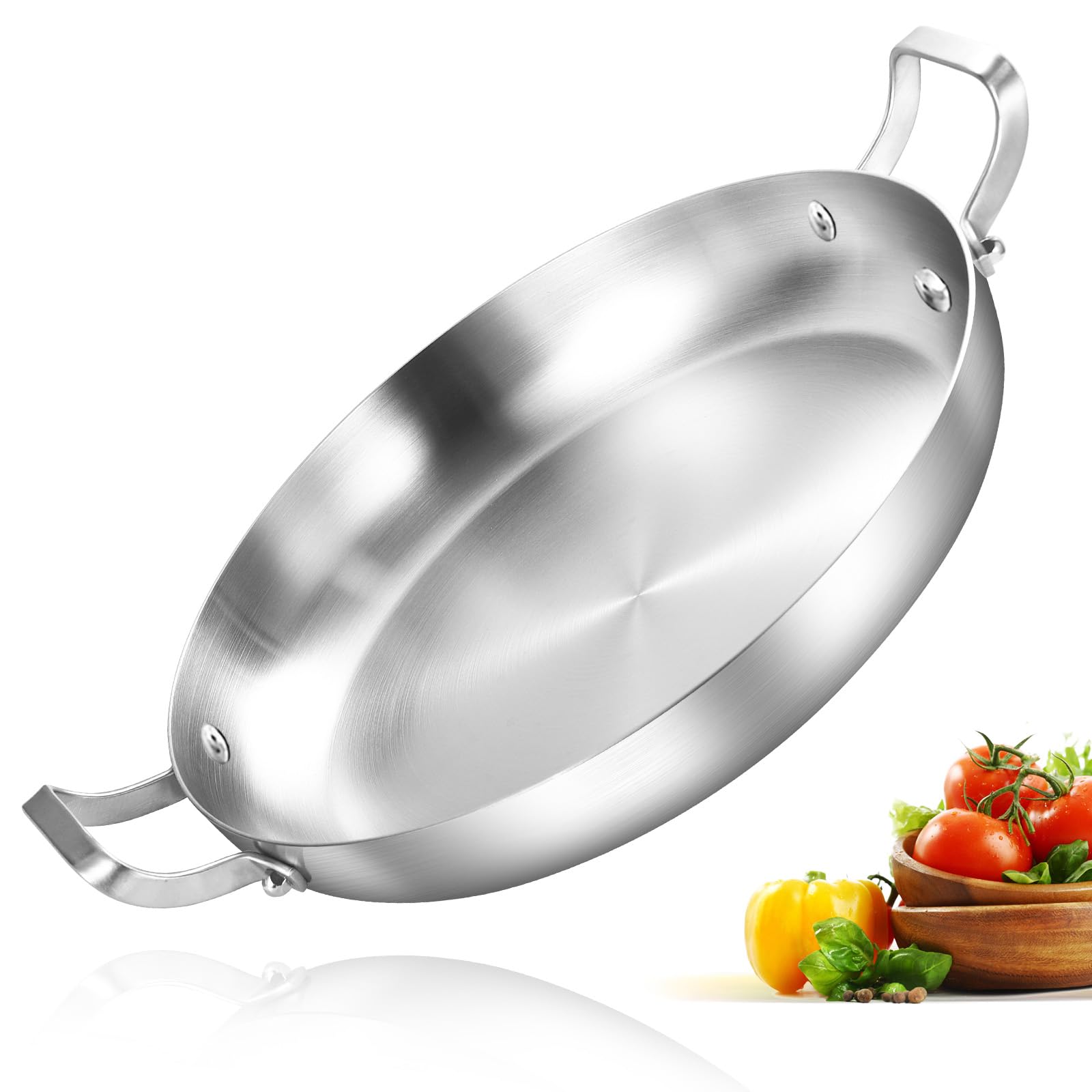 Inqibee 13-Inch Tri-Ply Stainless Steel Paella Pan, Large Skillet,Griddle Pan,Large Frying Pan,Jumbo Cooker,Induction Cookware,Dishwasher and Oven Safe.