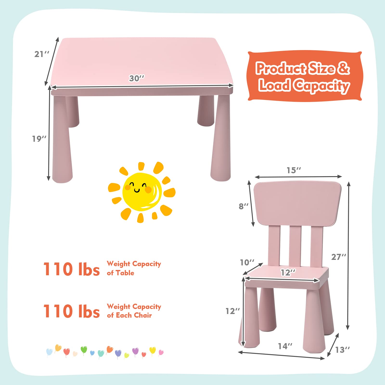 HOMGX Toddler Table and Chair Set, Plastic Kid Activity Table & 2 Chairs, 3-Piece Children Playroom Furniture Set for Reading, Writing & Painting, Kids Table and Chair Set for Age 3-7 (Pink)