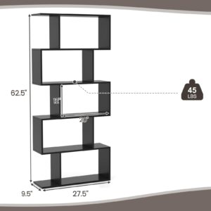 Giantex 5-Tier Geometric Bookshelf Black, 62.5" Tall Wood S-Shaped Bookcase with Anti-Tipping Device, Floor Standing Display Shelf for Bedroom, Living Room, Study