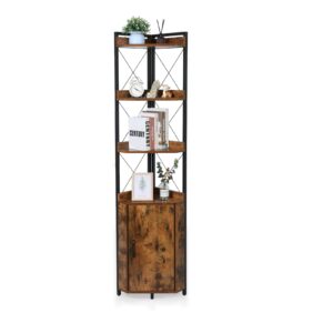 Tall Corner Shelf,Rustic Corner Cabinet,Industrial Bookcase,Freestanding Display Shelf,Storage Cabinet with Doors,Corner Plant Stand for Living Room, Home Office