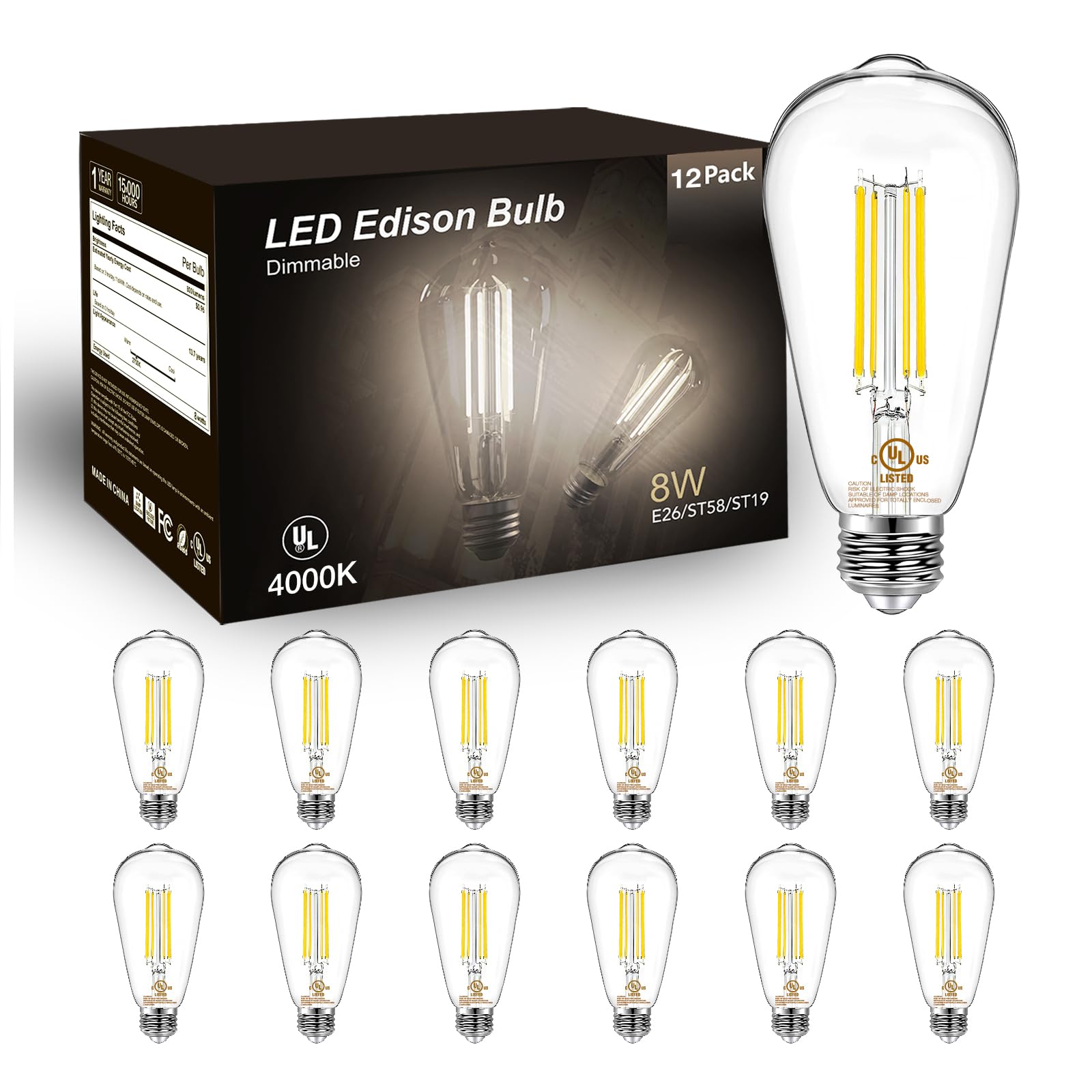 DAYBETTER 12 Pack Vintage LED Edison Bulbs, E26 Led Bulb 60W Equivalent, Dimmable Led Light Bulbs, High Brightness 800 LM Neutral White 4000K, ST58 Antique Filament Bulbs, Clear Glass Style for Home