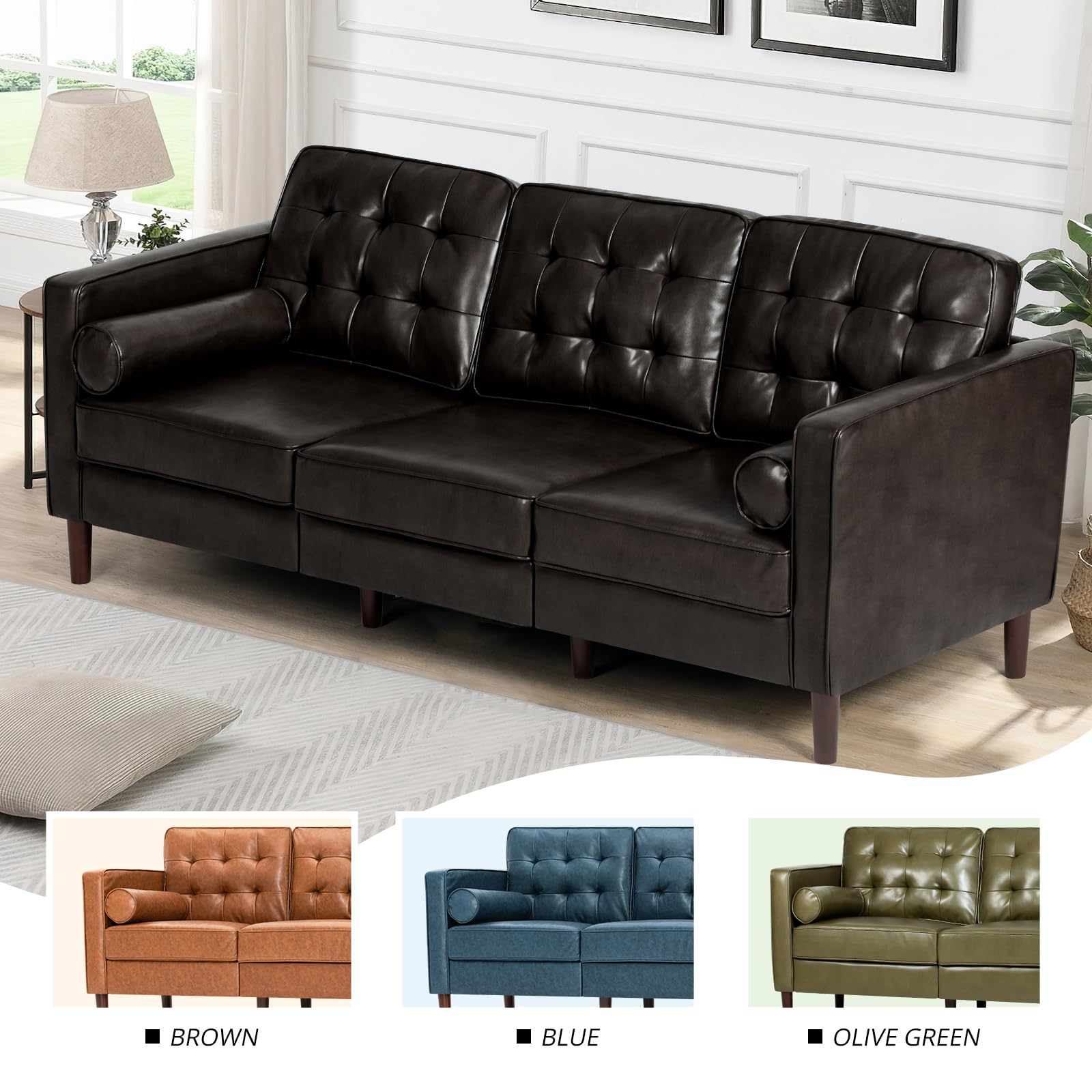 Nansiee 84” Faux Leather Sofa with Tufted Backrest, Upholstered 3-Seat Couch with 2 Bolster Pillows, Mid-Century Sofa with Wooden Legs for Living Room, Bedroom, Office, Dark Brown