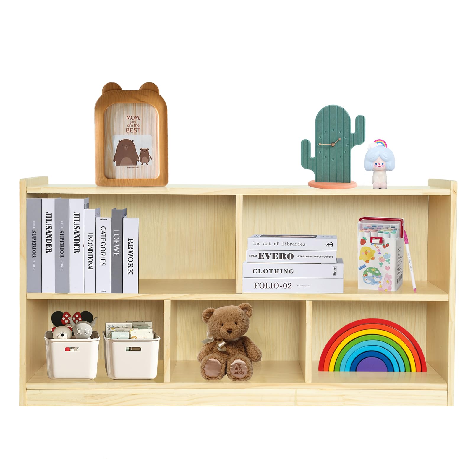 KOALA DIARY 2-Shelf Toddler Solid Wood Storage Cabinet, 5-Section Montessori Shelf Toy Organizers,Natural Kids Furniture，Classroom, Playroom, Daycare and Preschool Bookshelves Kinder Garden，Nursery