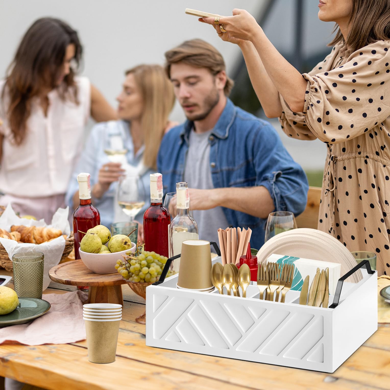 Paper Plate Dispenser, Paper Plate Holder for Kitchen Counter, Wood Rustic Silverware Utensil Caddy, Cutlery Flatware Organizer Box for Cups Spoons Forks Plates Napkins, Kitchen Accessories (White)