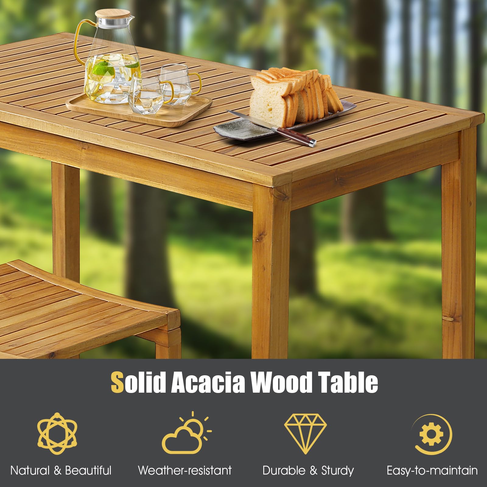 Tangkula 5 Piece Outdoor Acacia Wood Bar Table Set, 45" Rectangular High Top Table with 4 Saddle Seat Bar Height Stools, Space-Saving Patio Dining Set for 4, for Deck, Garden and Porch