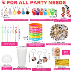 Gejoy 178 Pcs Dog Paw Party Favors Set Includes Paw Straws Cups Silicone Bracelet Keychain Stamper Sticker Pendant Chain Thank You Tag for Boy Girl Dog Paw Theme Party Supplies (Puppy, Paw)