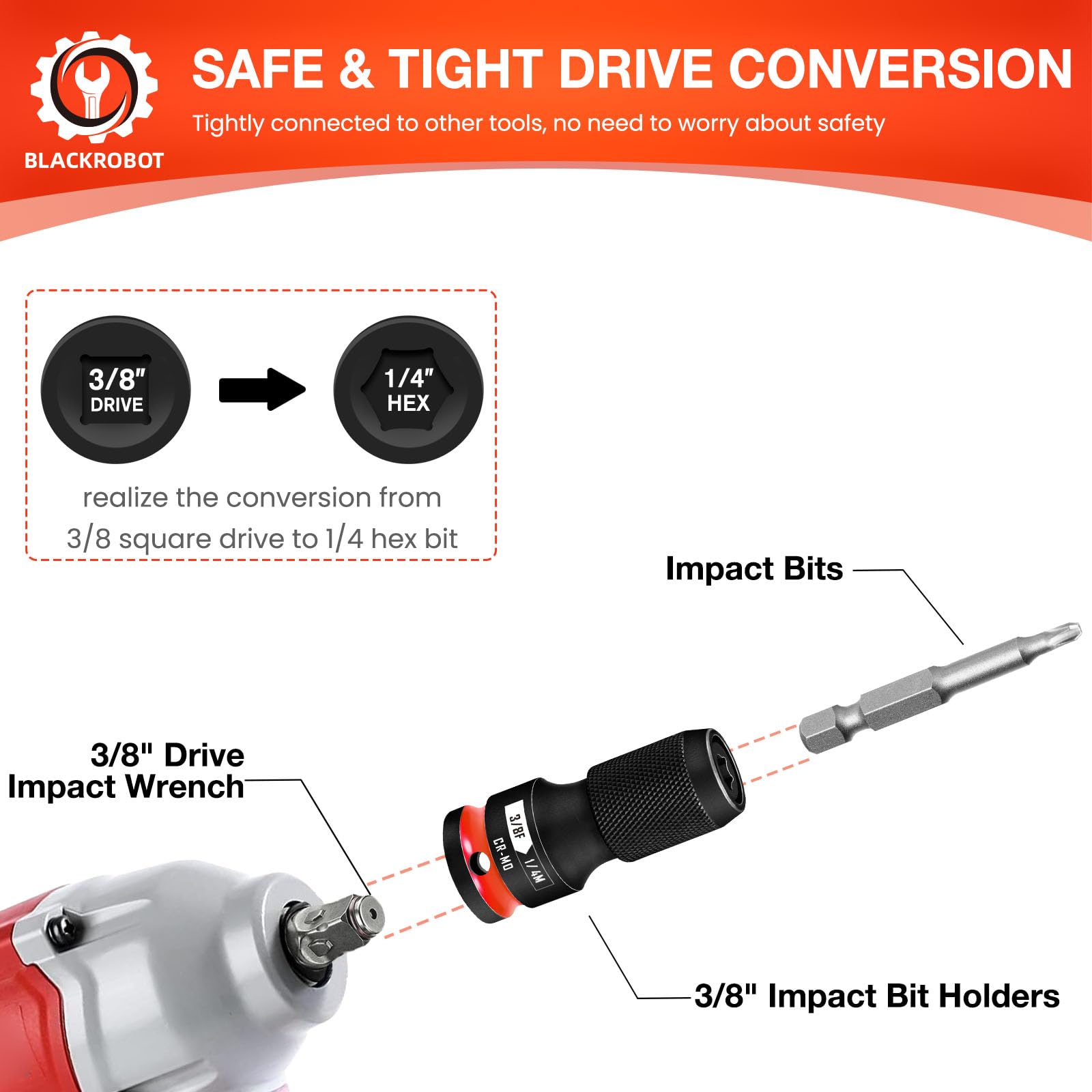 BLACKROBOT Quick Release Impact Bit Holders 3/8-Inch Square Drive to 1/4-Inch Hex Socket Adapter, CR-MO Steel, Red