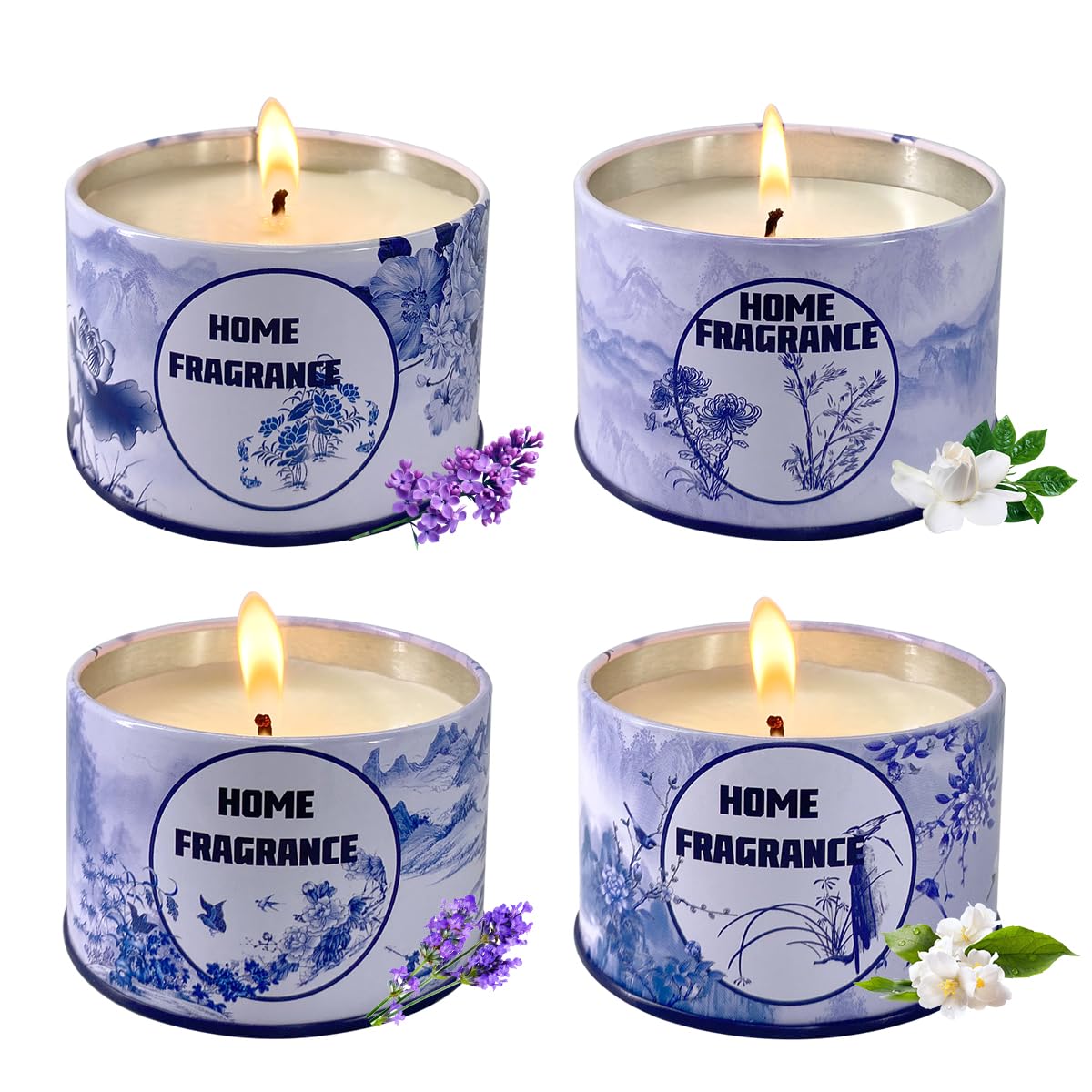 4 Pack Home Scented Candles - Strong Lavender, Vanilla Jasmine, Lilac & Gardenia Candle, 4.4 Oz, 100% Soy, Non-Toxic, Small Candle Set for Aromatherapy & Gifts