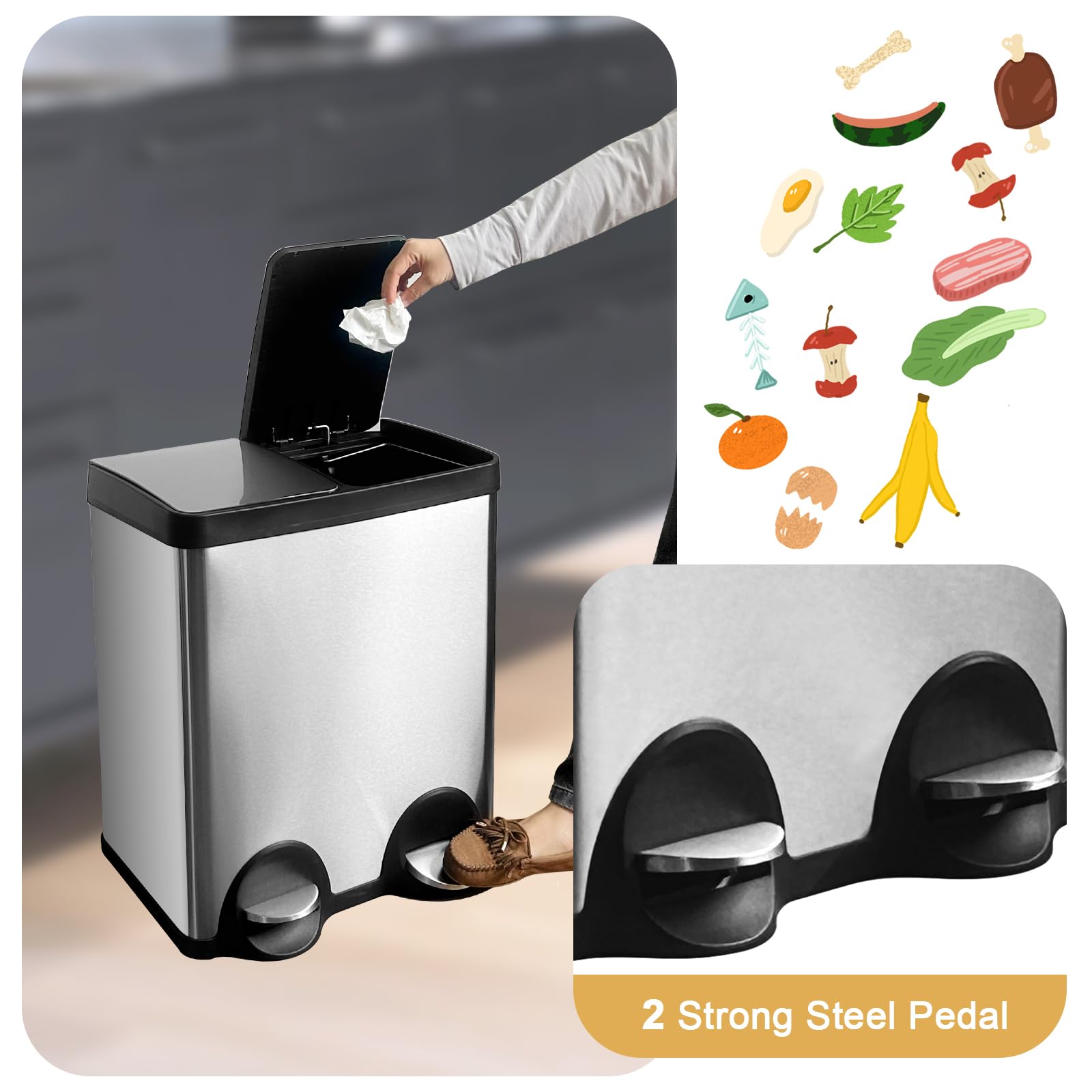 JM ·YIPENG Dual Trash Can, 40 Liter / 10.6 Gallon Dual Compartment Recycling Can, Kitchen Trash and Recycle Bin Combo with Soft Close Lid, Inner Buckets, Brushed Stainless Steel