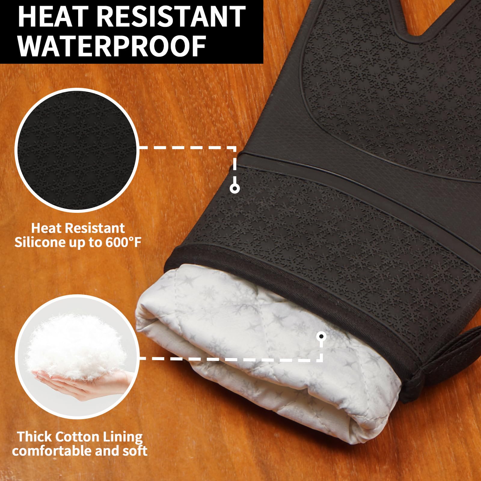 Hovico Silicone Oven Mitts, Oven Gloves with Non-Slip Waterproof - 2PCS Black Oven Mittens Heat Resistant 600 Degree, Soft Lining Silicone Oven Mits for Cooking Baking Kitchen Mitten