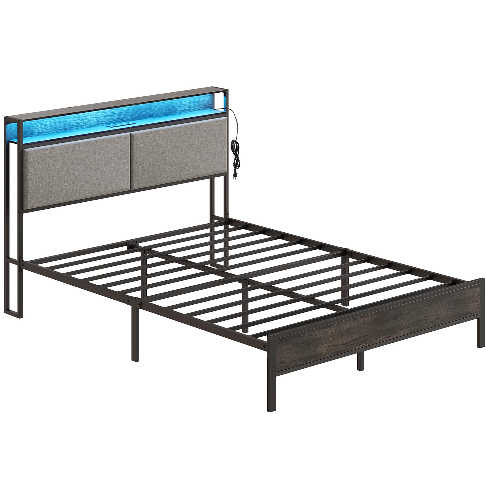 HOOBRO Bed Frame Full Size, Full Bed with Charging Station and LED Light Strip, Upholstered Headboard with Storage Shelves, Outlets and USB Ports, Sturdy Metal Support, for Bedroom, Charcoal Gray