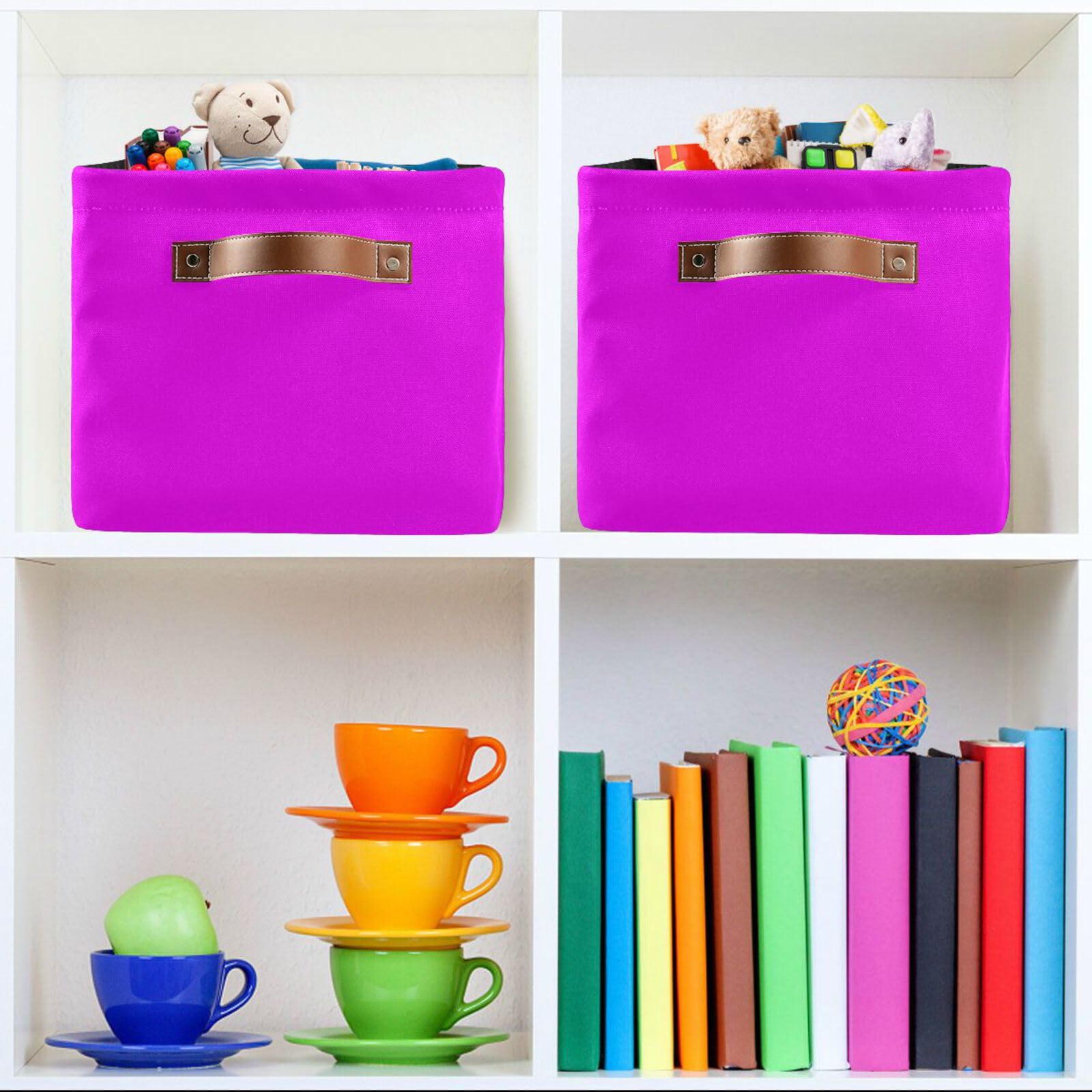 Storage Basket Fuchsia Purple Red Fabric Storage Organizer Box Bin for Shelf Closet Nursery Laundry, Large Collapsible Cube Baskets with Handles 2 Pack