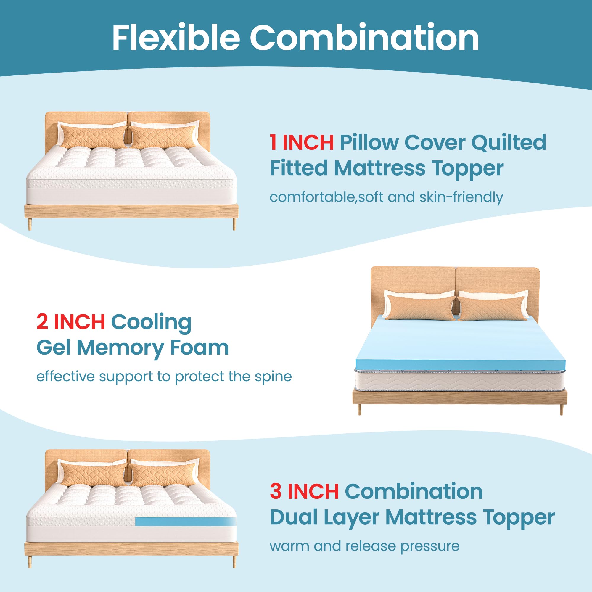 AprLeaf Pillow Top Mattress Topper Queen Size, 3 Inch Dual Layer Mattress Topper, 1 Inch Cooling Pillow Topper and 2 Inch Gel Memory Foam Mattress Topper for Back Pain