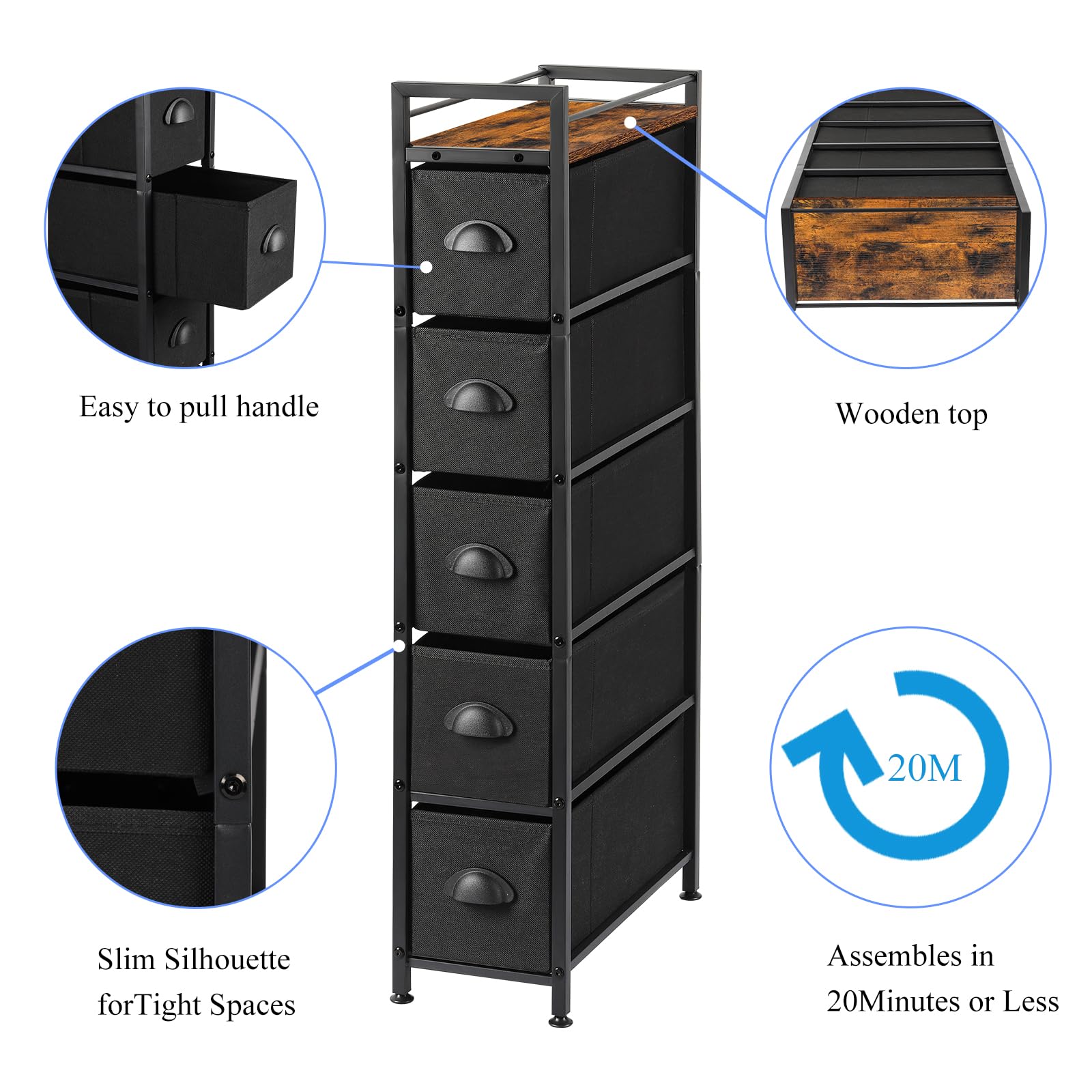 MOOACE Narrow Dresser with 5 Drawers, Slim Storage Chest Organizer Dresser for Bedroom - Storage Tower with Wood Top and Steel Frame for Bathroom, Living Room, Hallway, Black