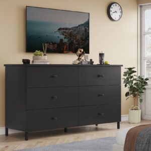 hasuit 6 drawers double dresser, wooden dresser with heavy sturdy steel frame, large capacity storage chest of drawers, black dresser for bedroom, living room, entryway