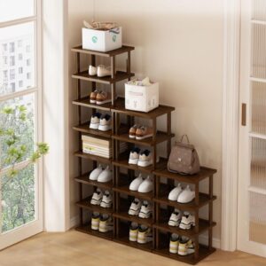 Vertical Shoe Rack - Tall Narrow Shoe Rack Organizer for Small Spaces,7 Tier Bamboo Shoen Shelf for Entryway,Closet,Corner,Doorway,Skinny Shoe Shelf Space Saving Shoe Storage,Free Stackable DIY…