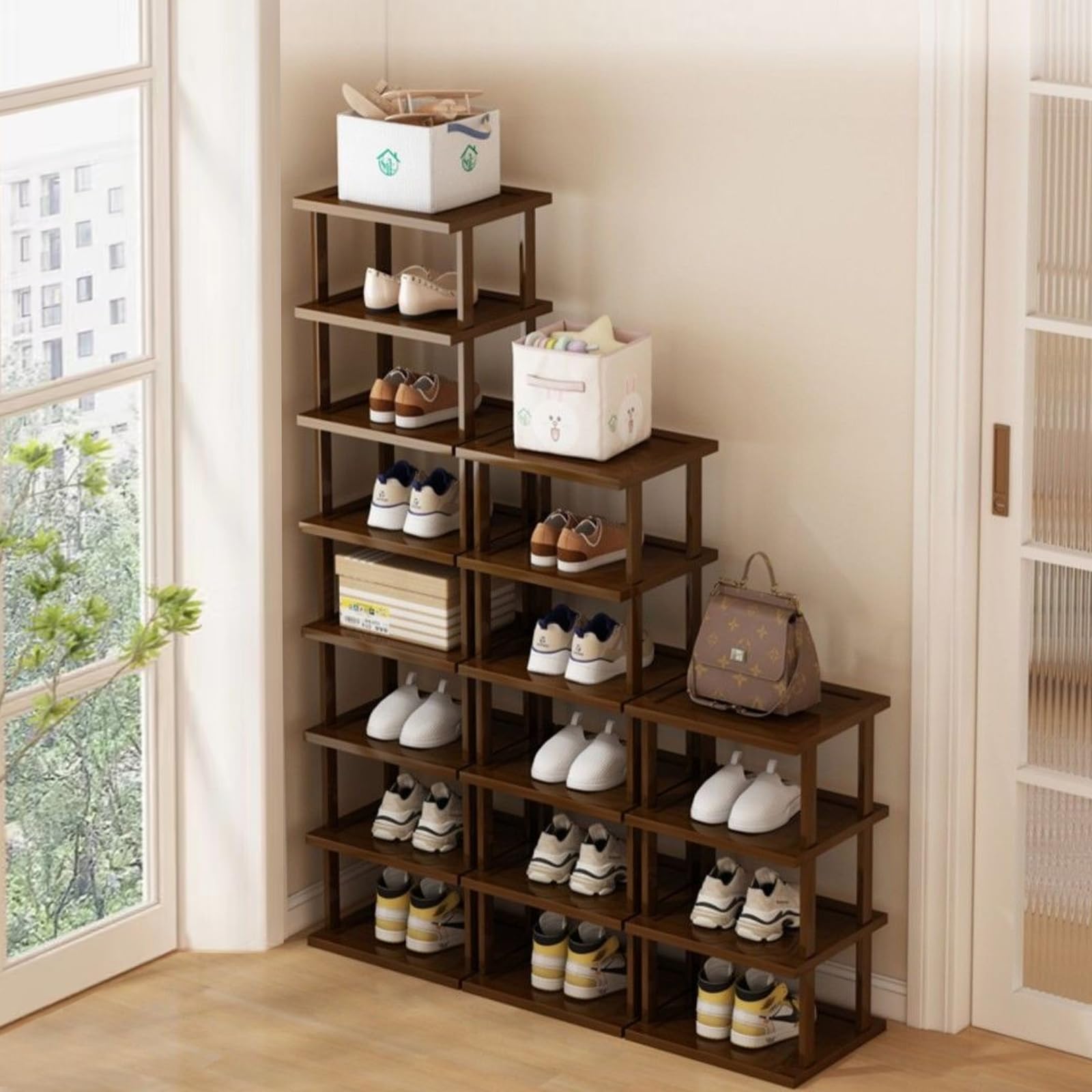 Vertical Shoe Rack - Tall Narrow Shoe Rack Organizer for Small Spaces,7 Tier Bamboo Shoen Shelf for Entryway,Closet,Corner,Doorway,Skinny Shoe Shelf Space Saving Shoe Storage,Free Stackable DIY…