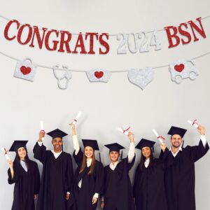 Congrats 2024 BSN Banner - Nurse Grad Party Decoration Supplies - Nursing School Survivor Graduation Party Bunting Sign/Photo Props, Silver and Red Glitter