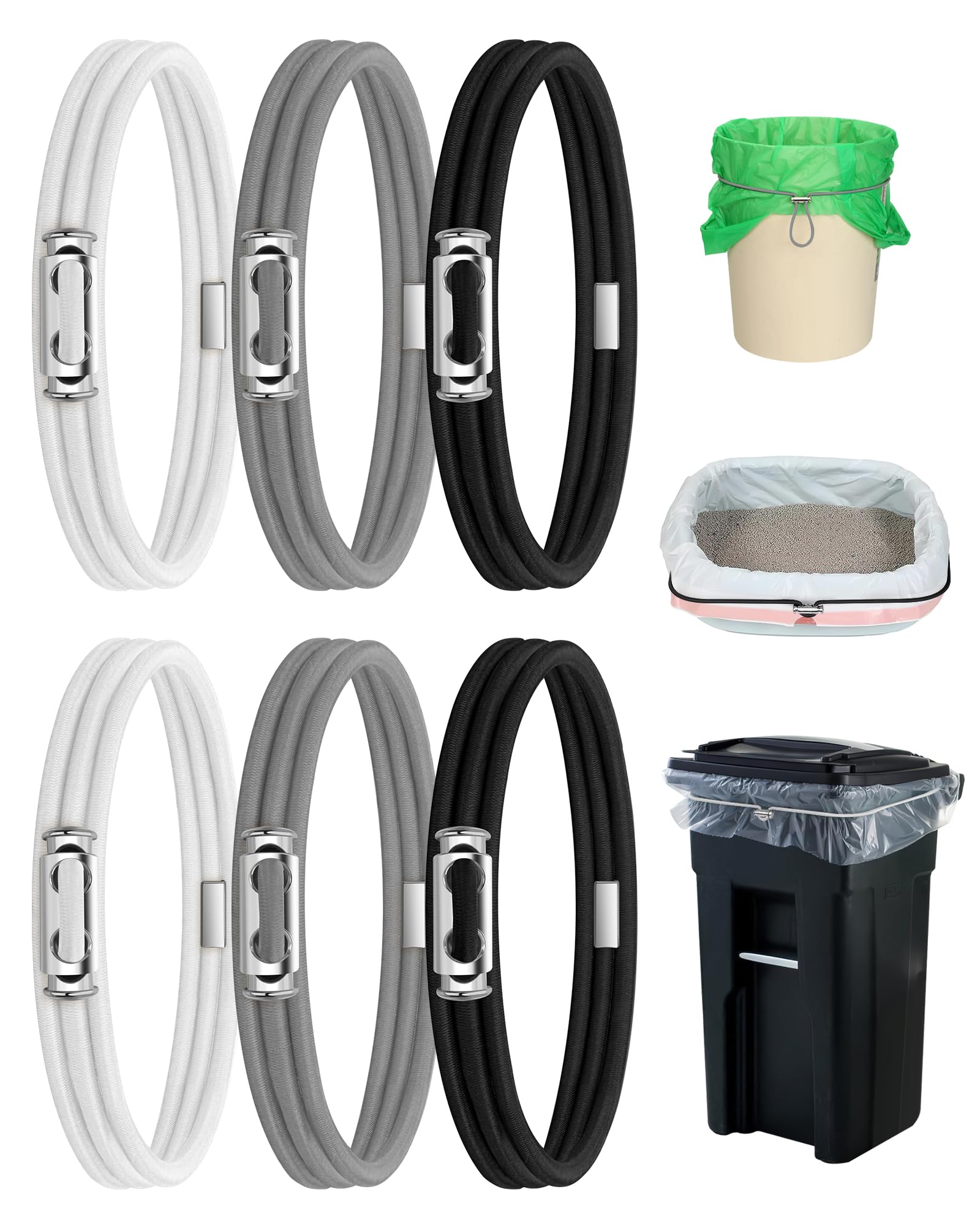 Rosaver Garbage Can Bands Cord Lord Design Adjustable Large Trash Can Rubber Bands Fits 8-33 Gallon Trash Cans Multifunction Bands Litter Box Bands for Kitchen Tables Picnic Party (Black,White,Grey)