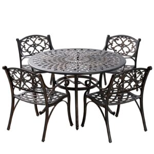 patio-in 5 piece patio dining set cast aluminum outdoor table and chairs set for 4, with 1 round patio table, 4 patio chairs, outdoor dining set with umbrella hole for patio garden, bronze