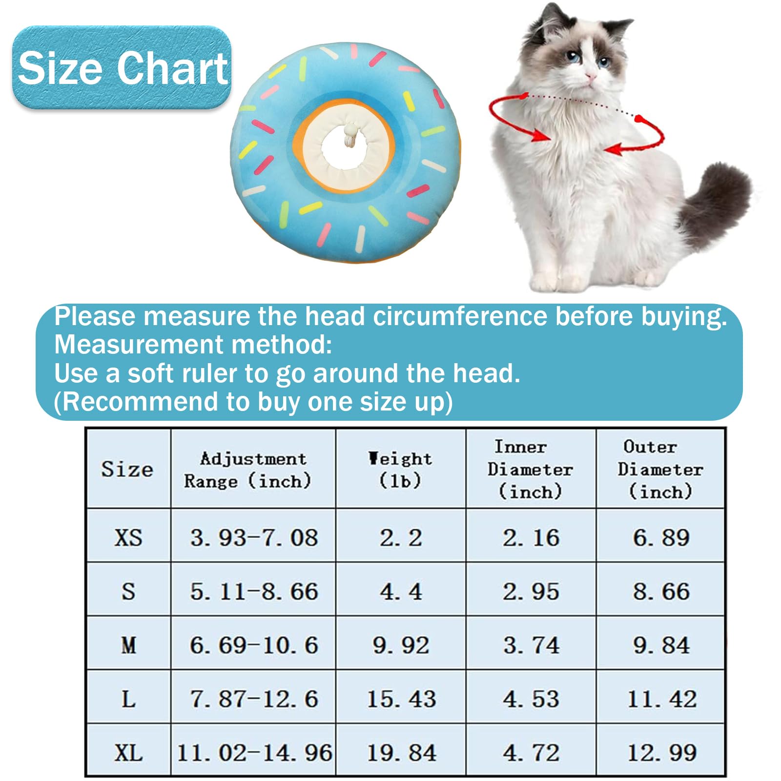 ZHUOKECE Cat Cone Collar Soft, Cute Cat Donut Cat Recovery Collar Adjustable Elizabethan Collar for Wound Healing, Comfortable Lightweight Neck Cone for Kitten Dog (Blue, M)