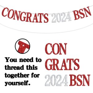 Congrats 2024 BSN Banner - Nurse Grad Party Decoration Supplies - Nursing School Survivor Graduation Party Bunting Sign/Photo Props, Silver and Red Glitter