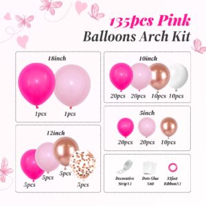 135pcs Pink Balloon Arch Garland Kit with Different Sizes Hot Pink Light Pink Metallic Rose Gold Balloons for Birthday Princess Baby Shower Bridal Shower Bachelorette Party Decorations