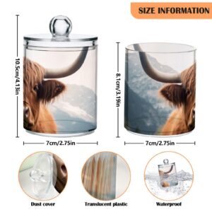 SDMKA 2 Pack Apothecary Jars Bathroom Highland Cow Qtip Holder Dispenser Clear Plastic Storage Canister Jar with Lid for Cotton Ball, Cotton Swab