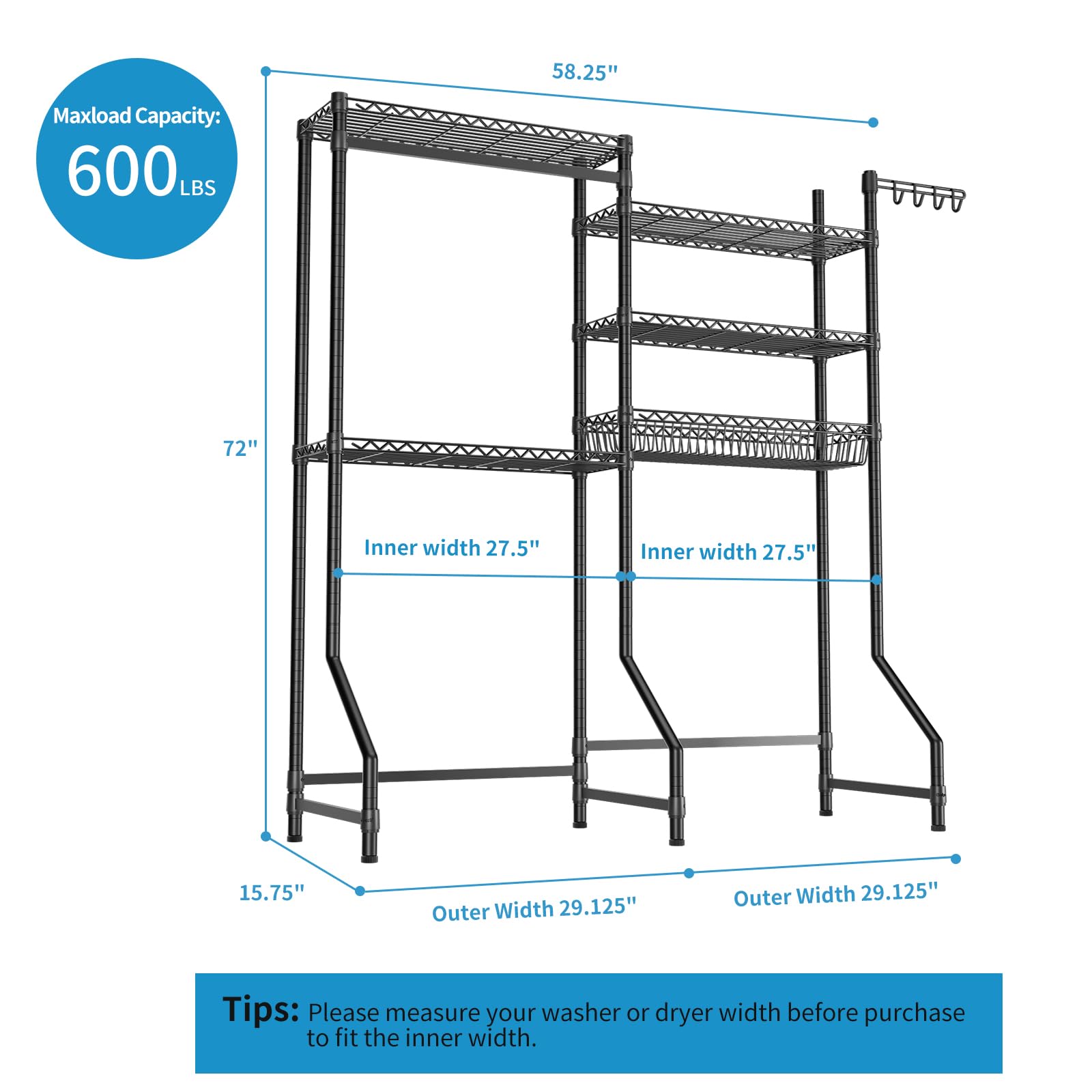 Golpart Over Washer and Dryer Shelves,Heavy Duty Laundry Room Storage Organization Clothes Drying Rack,5 Tier Adjustable Height Wire Shelving and Wire Basket with Hanger Rod&Hook,Space Saving Shelf