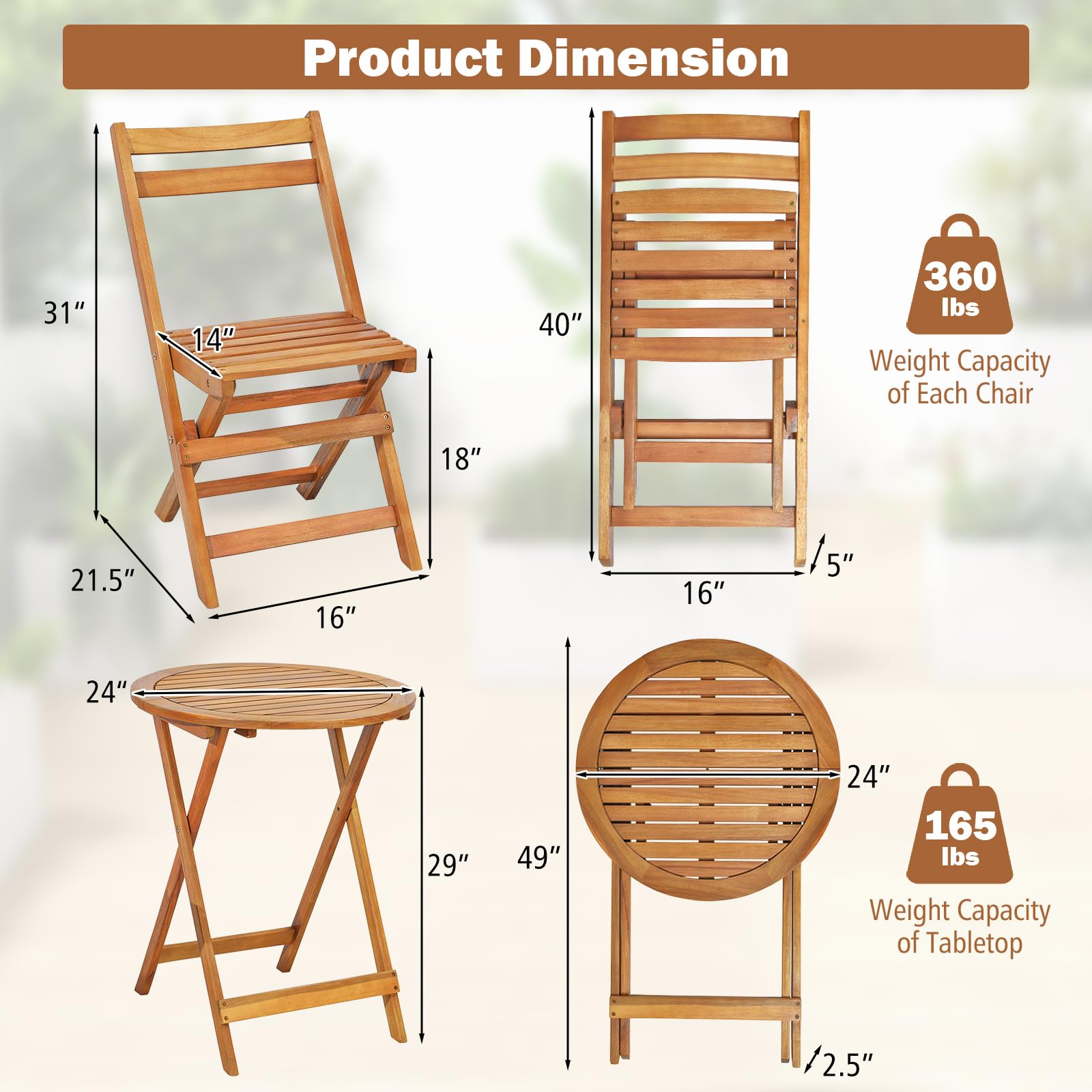 Tangkula 3 Pieces Folding Patio Bistro Set, Solid Acacia Wood Table and Chairs with Slatted Tabletop, Back & Seat, Foldable Outdoor Furniture Set for Patio, Backyard, Garden, Poolside, Natural