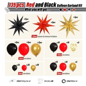 FOTIOMRG Red Black Gold Balloons Arch kit with 3pcs Star Balloons, Red Black and Gold Balloons Garland for Anniversary Casino Night Hollywood New Years Movie Night Birthday Decorations