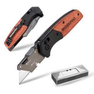 workpro folding utility knife, razor blade knife with axis lock, quick change blade box cutter, edc wood handle foldable pocket knife, extra 10pc sk5 blades included