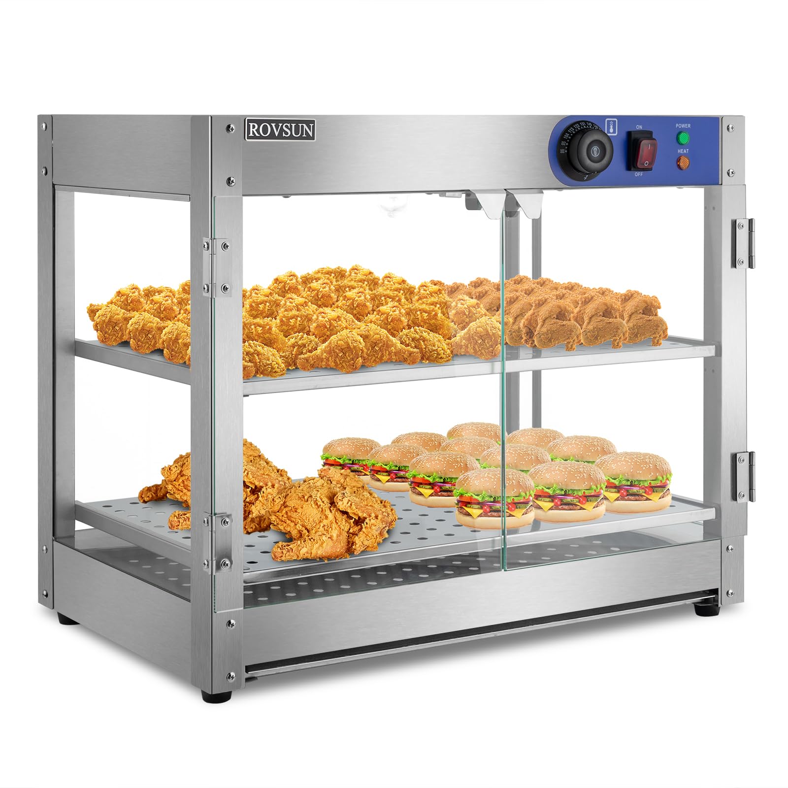 ROVSUN Food Warmer Display Pizza Warmer, Commercial Countertop Food Warmer Electric with Removable Shelves LED Lighting Glass Door, Pastry Display Case for Restaurant Buffet 800W (2 Tiers)