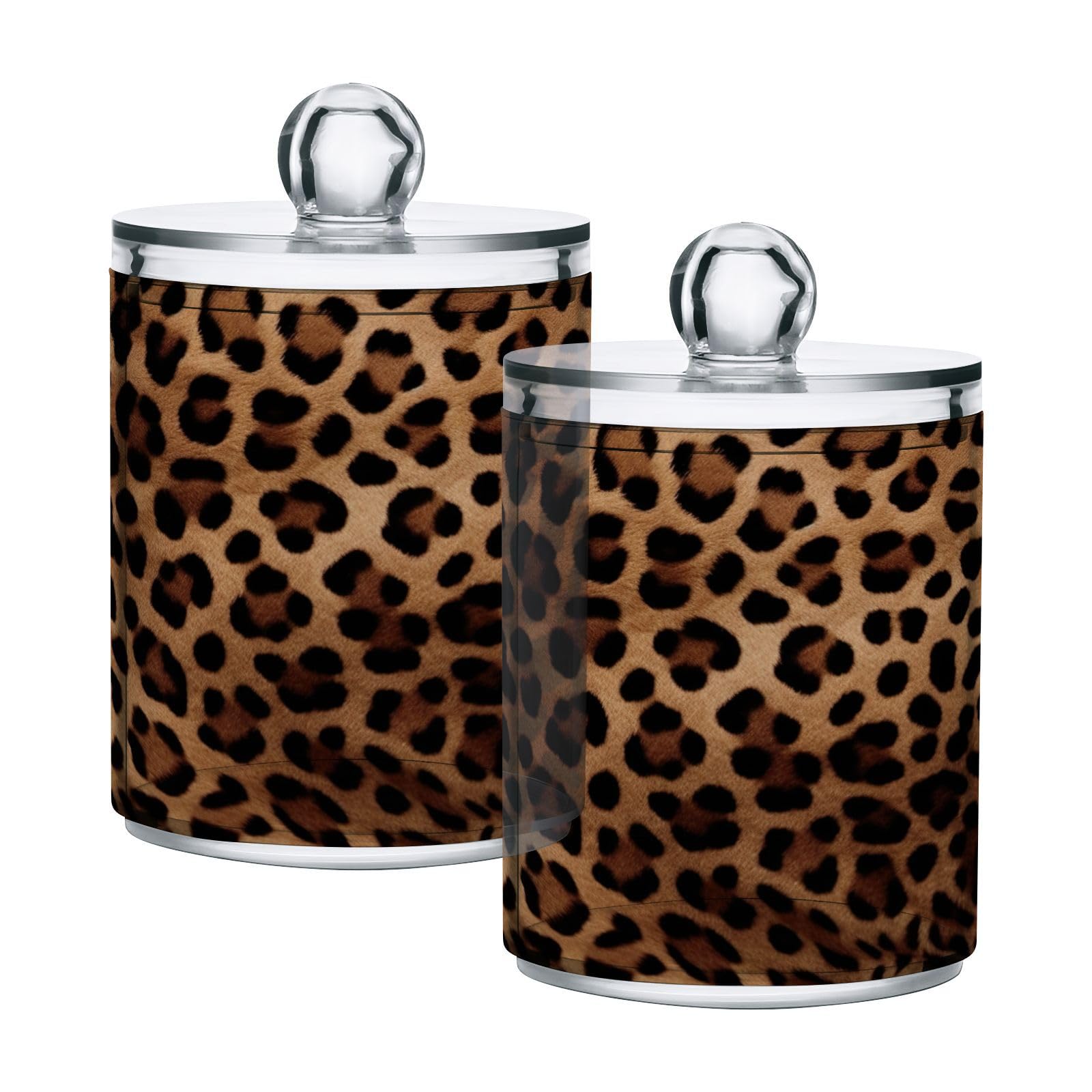 SDMKA 4 Pack Apothecary Jars Bathroom Leopard Print Qtip Holder Dispenser Clear Plastic Storage Canister Jar with Lid for Cotton Ball, Cotton Swab