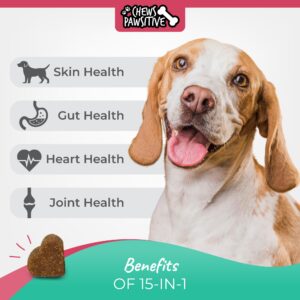 Chews Pawsitive Dog Multivitamins Chewable- 15 in 1 Dog Vitamins Multivitamin for Heart Health - Omega 3 Oil for Skin & Coat, Chondroitin and Glucosamine for Dogs Joint & Mobility, Probiotics - 120ct