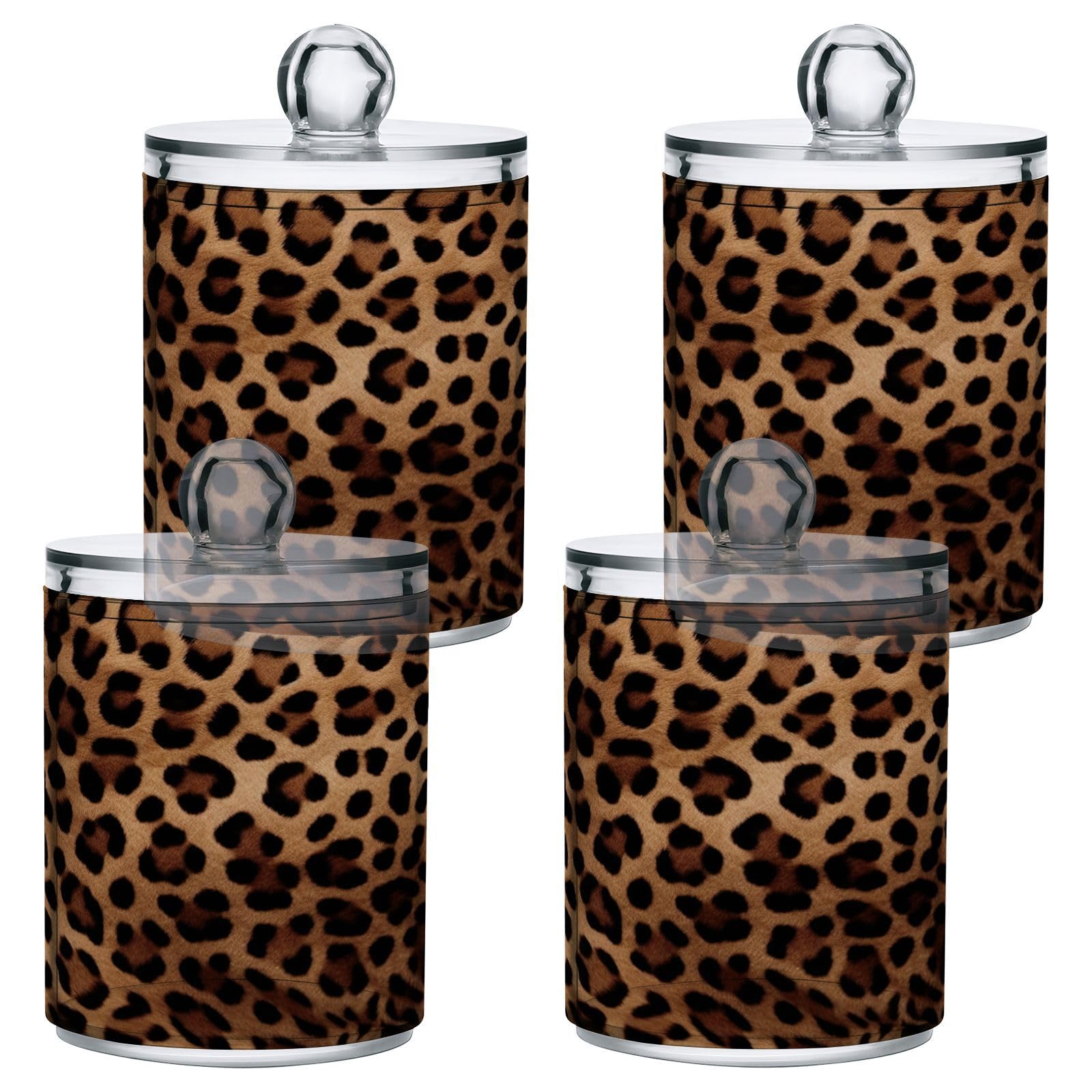 SDMKA 4 Pack Apothecary Jars Bathroom Leopard Print Qtip Holder Dispenser Clear Plastic Storage Canister Jar with Lid for Cotton Ball, Cotton Swab