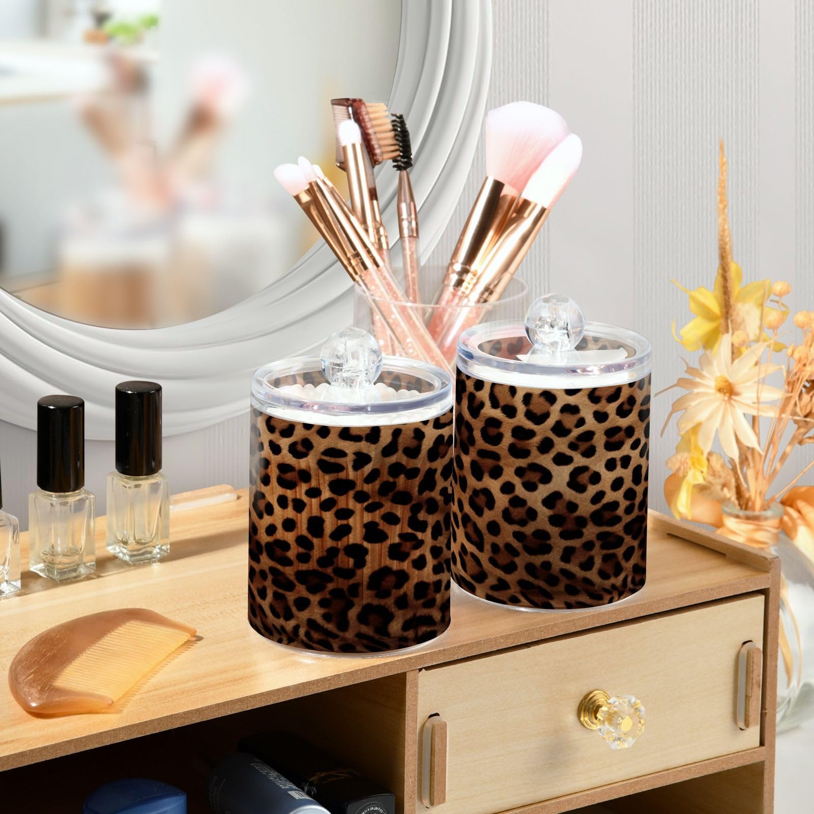 SDMKA 4 Pack Apothecary Jars Bathroom Leopard Print Qtip Holder Dispenser Clear Plastic Storage Canister Jar with Lid for Cotton Ball, Cotton Swab