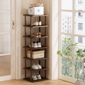 vertical shoe rack - tall narrow shoe rack organizer for small spaces,7 tier bamboo shoen shelf for entryway,closet,corner,doorway,skinny shoe shelf space saving shoe storage,free stackable diy…