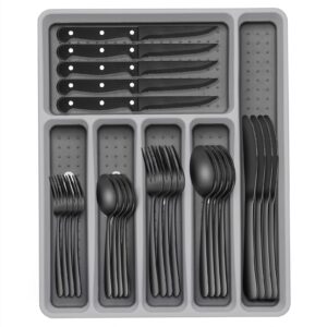 49-piece black silverware set with organizer, heavy duty stainless steel black flatware for 8, cutlery utensil sets with steak knives, rust-proof, mirror polished, dishwasher safe