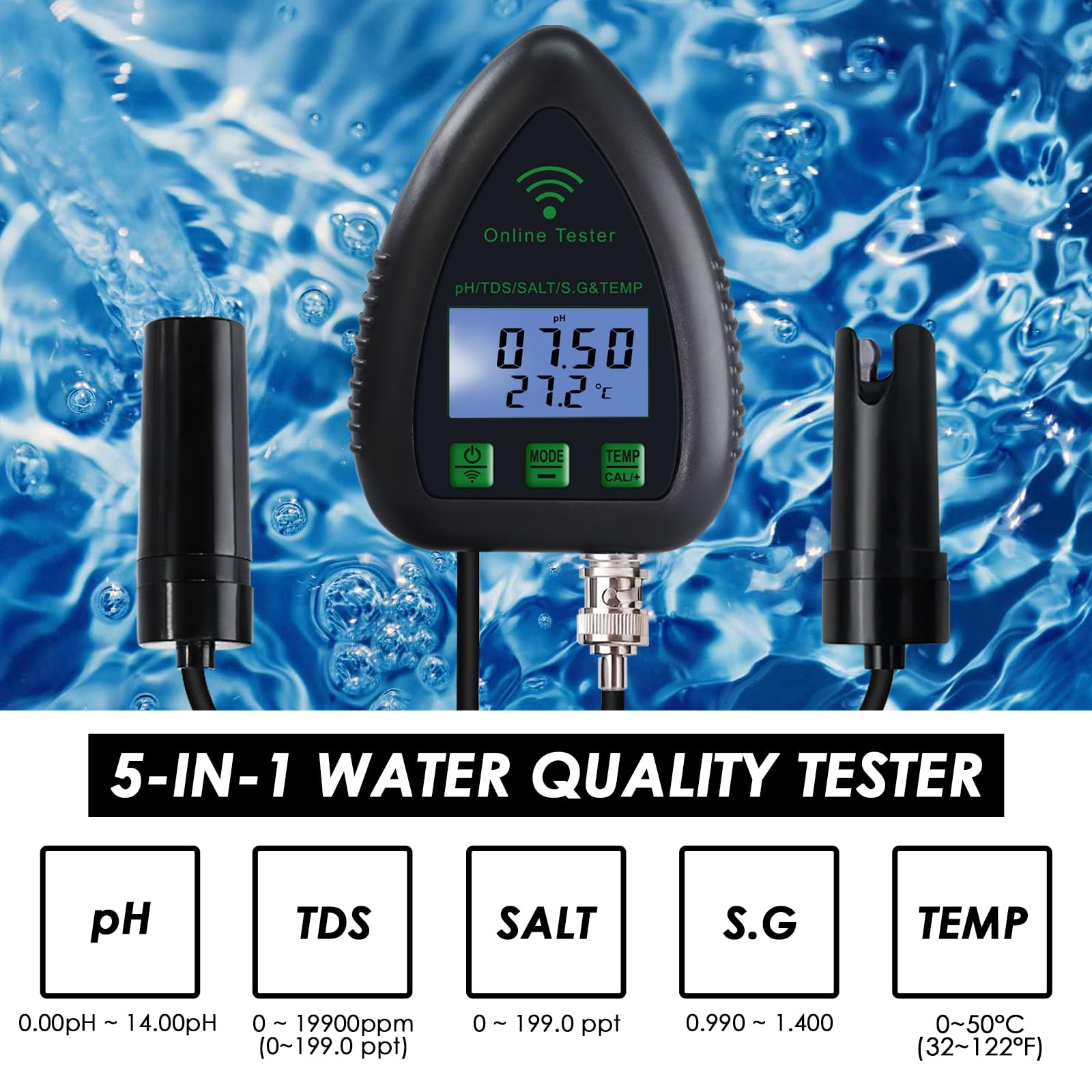 5-in-1 WiFi pH Monitor, Water Quality Tester, pH/S.G/TDS/Salt/Temperature 24/7 Online Hydroponic Monitoring WiFi Tester with Data Logging and Alarm for Aquarium Fish Pond Saltwater Pool