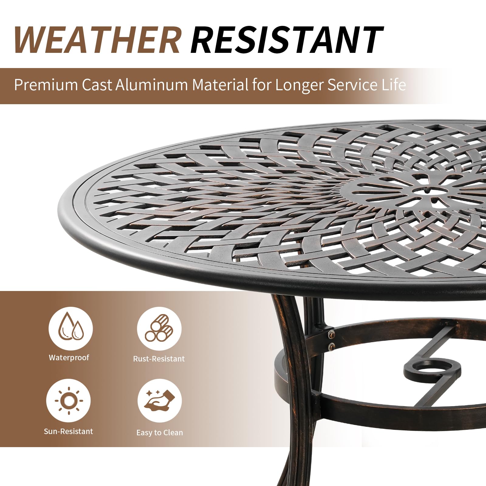 PATIO-IN 5 Piece Patio Dining Set Cast Aluminum Outdoor Table and Chairs Set for 4, with 1 Round Patio Table, 4 Patio Chairs, Outdoor Dining Set with Umbrella Hole for Patio Garden, Bronze