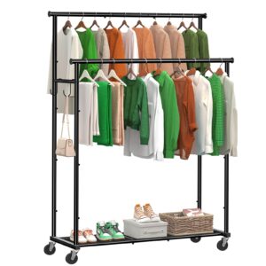 ekisemio double rod clothing garment rack on wheels, 45 inches clothes rack with mesh bottom shelf for hanging clothes, heavy duty metal maximum capacity 400 lb, black