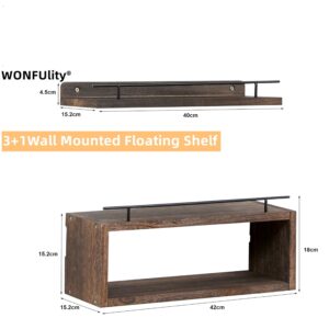 WONFUlity 3-Shelf Bathroom Shelves, Floating Shelves with Storage Basket, Over Toilet Paper Holder, Farmhouse Wood Wall Shelves for Living Room, Kitchen, 16x5.9x5.5 inches, Walnut