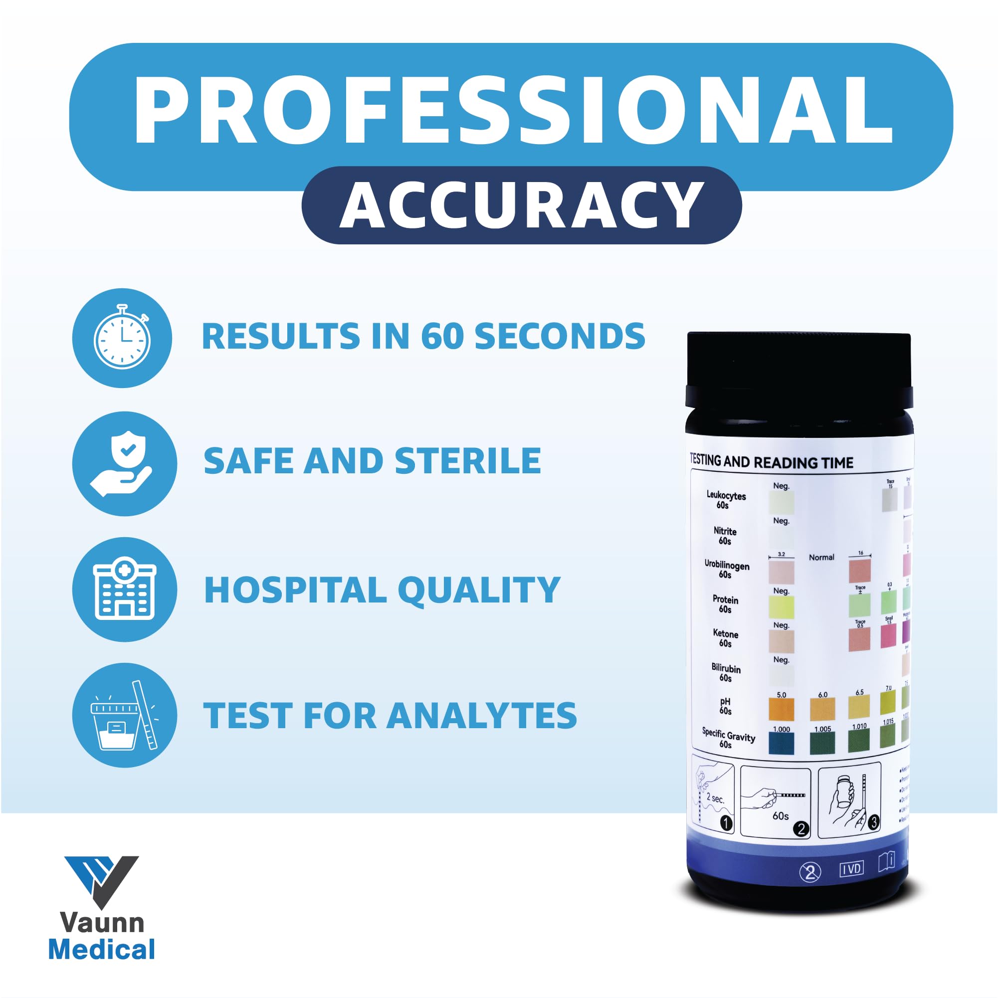 Vaunn Medical 8-in-1 Urine Test Strips and Urinalysis for UTI, Nitrites, Leuckcytes, Ketosis, pH, Protein, 120 CT